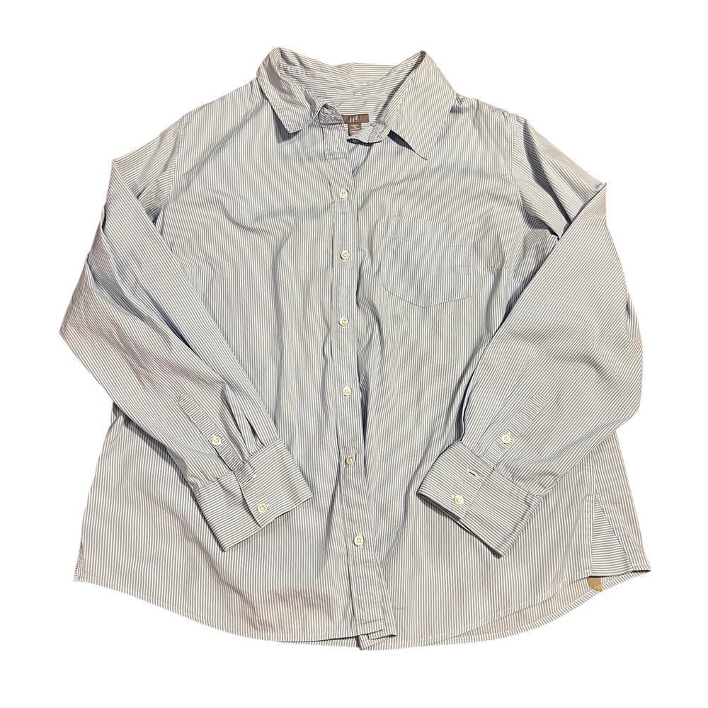 J.Jill Blue White Stripe Oxford Cotton Button Down Shirt Size 1X Stretch Preppy